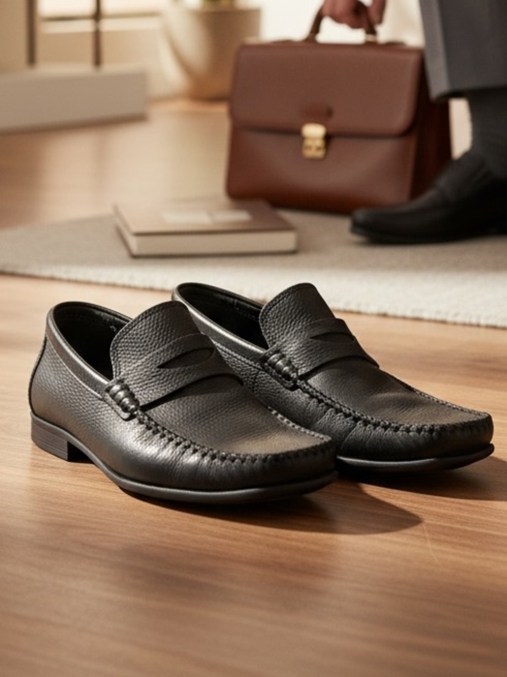 Bata Black Pebbled Leather Loafers